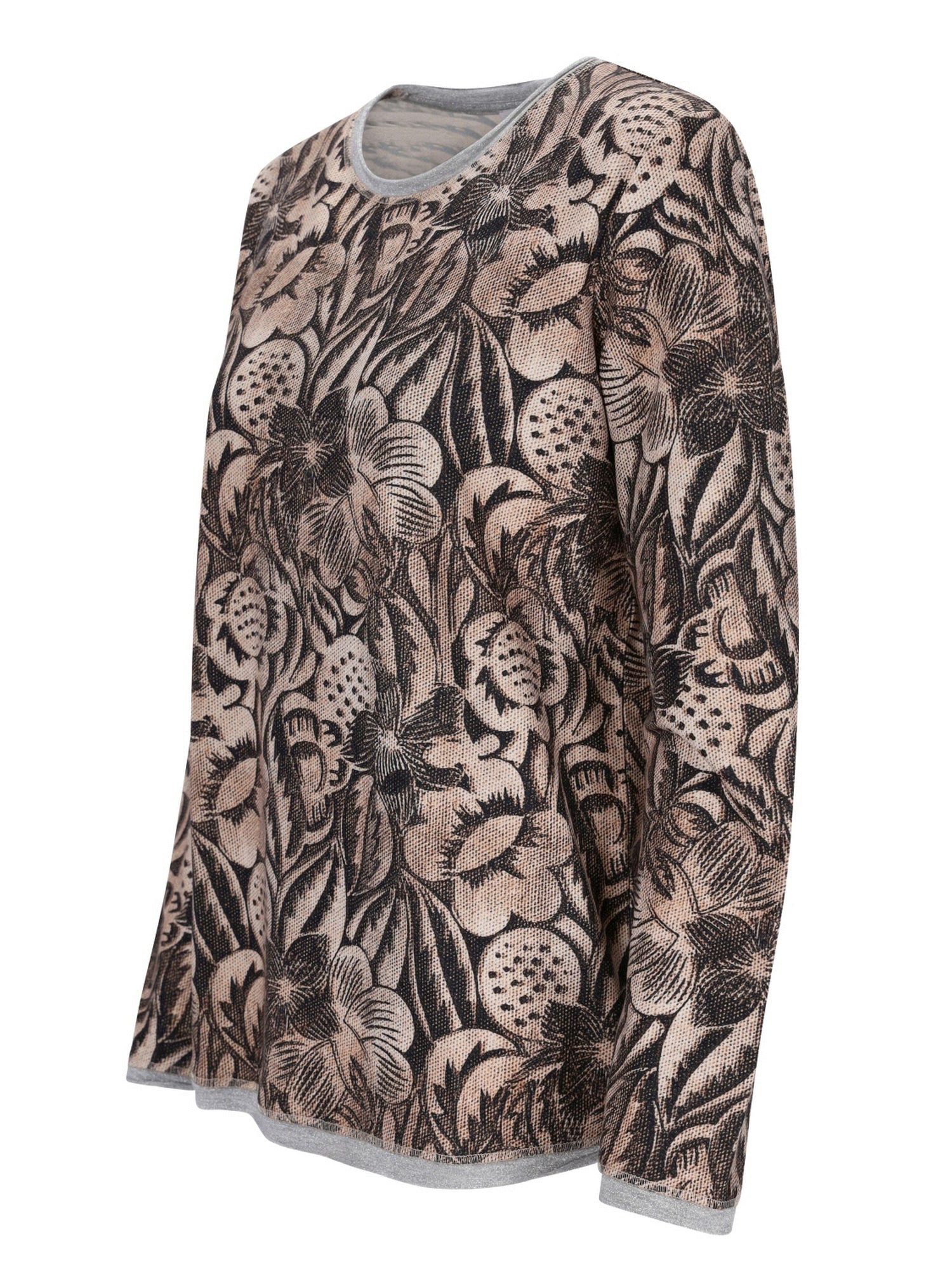 Blusendruck Langarm-Top mit neutraler Farbpalette und weichem Stoff.