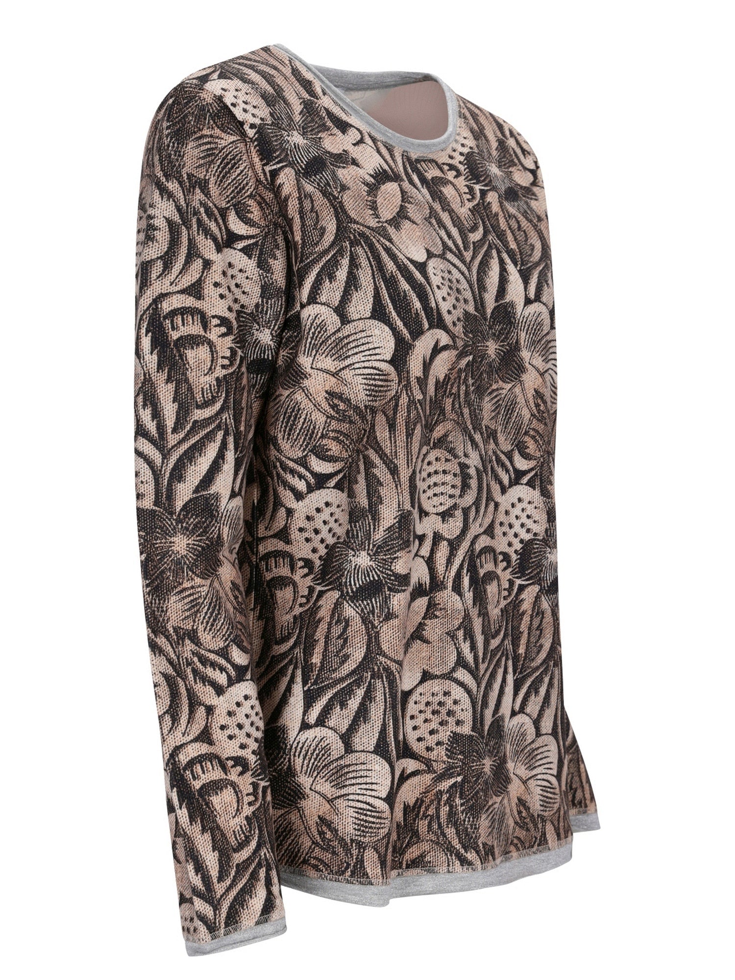 Bluse mit Blumenmuster, langen Ärmeln und Rundhals, mit erdigen Tönen von Braun und Beige auf weichem Stoff.