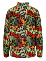 Bunte abstrakte gemusterte Jacke mit hohem Kragen und Reißverschluss.