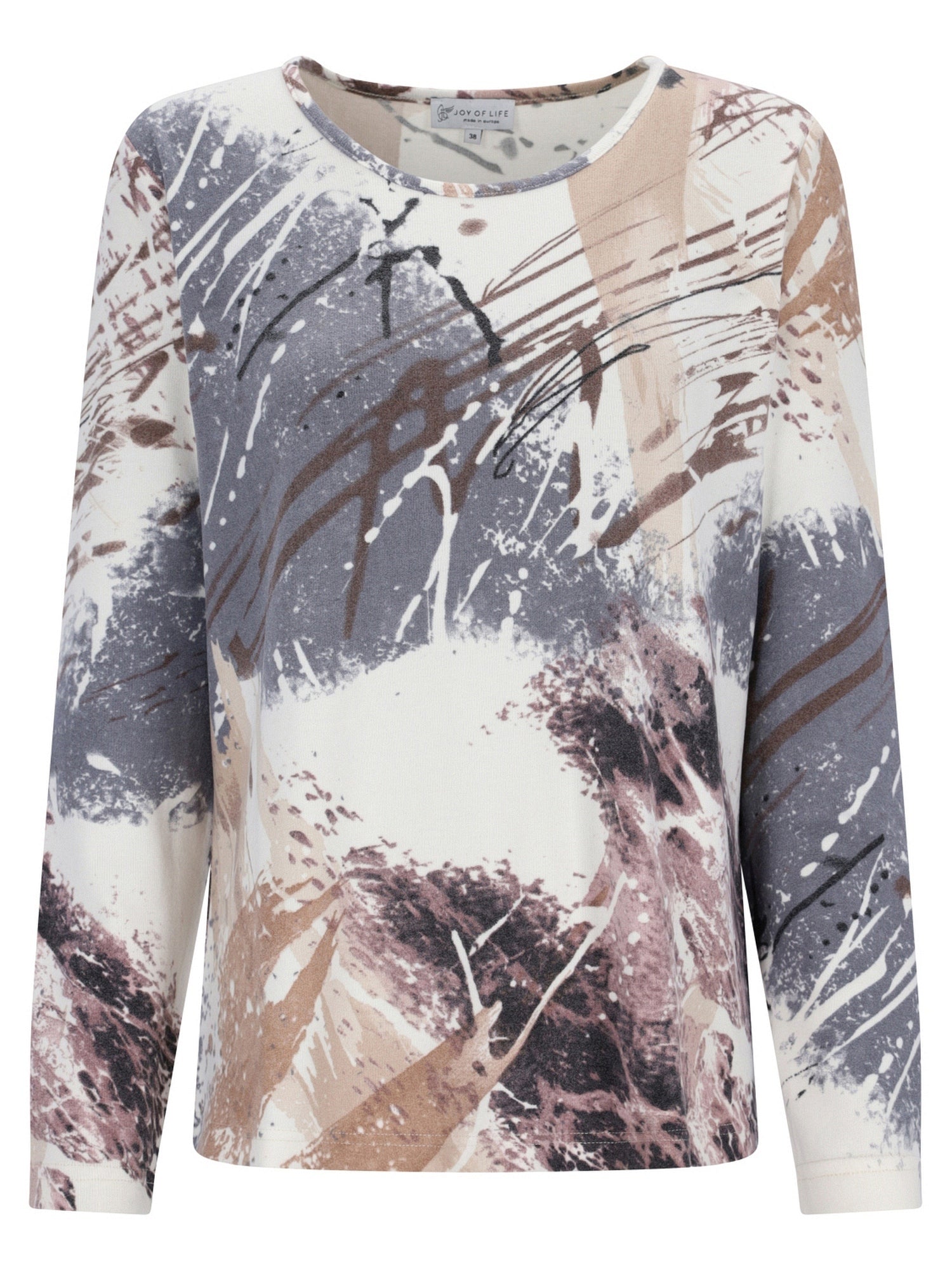 Abstraktes Print-Langarm-Top mit Rundhals und weichem, leichtem Stoff.