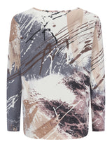 Abstruse Druckbluse mit langen Ärmeln und rundem Ausschnitt, in gedämpften Tönen von Blau, Pink, Beige und Weiß.