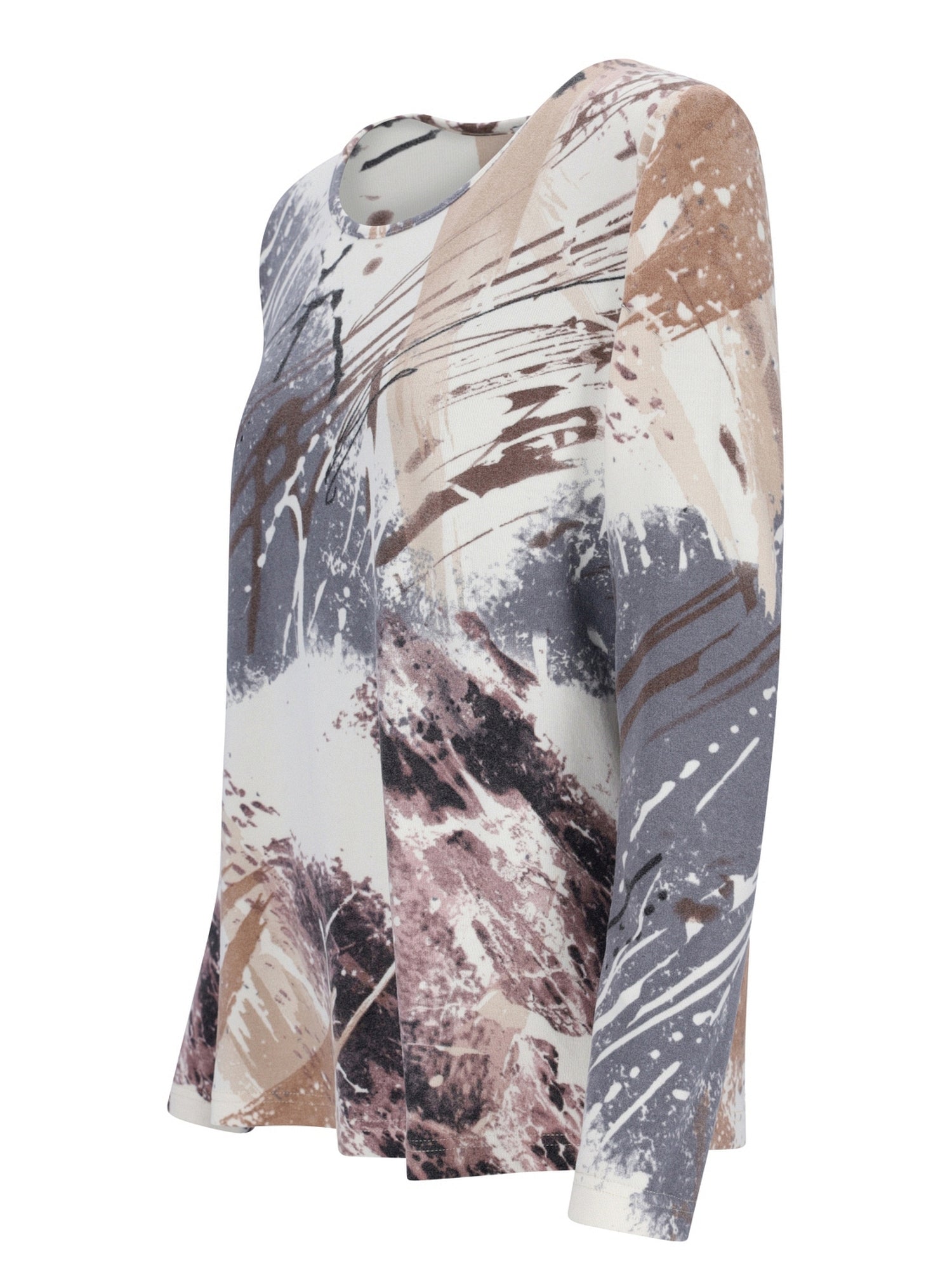 Langärmliges Oberteil mit abstraktem Print in einer Mischung aus neutralen Tönen und Farbspritzern, wahrscheinlich aus weichem Baumwolle oder Polyester gefertigt.