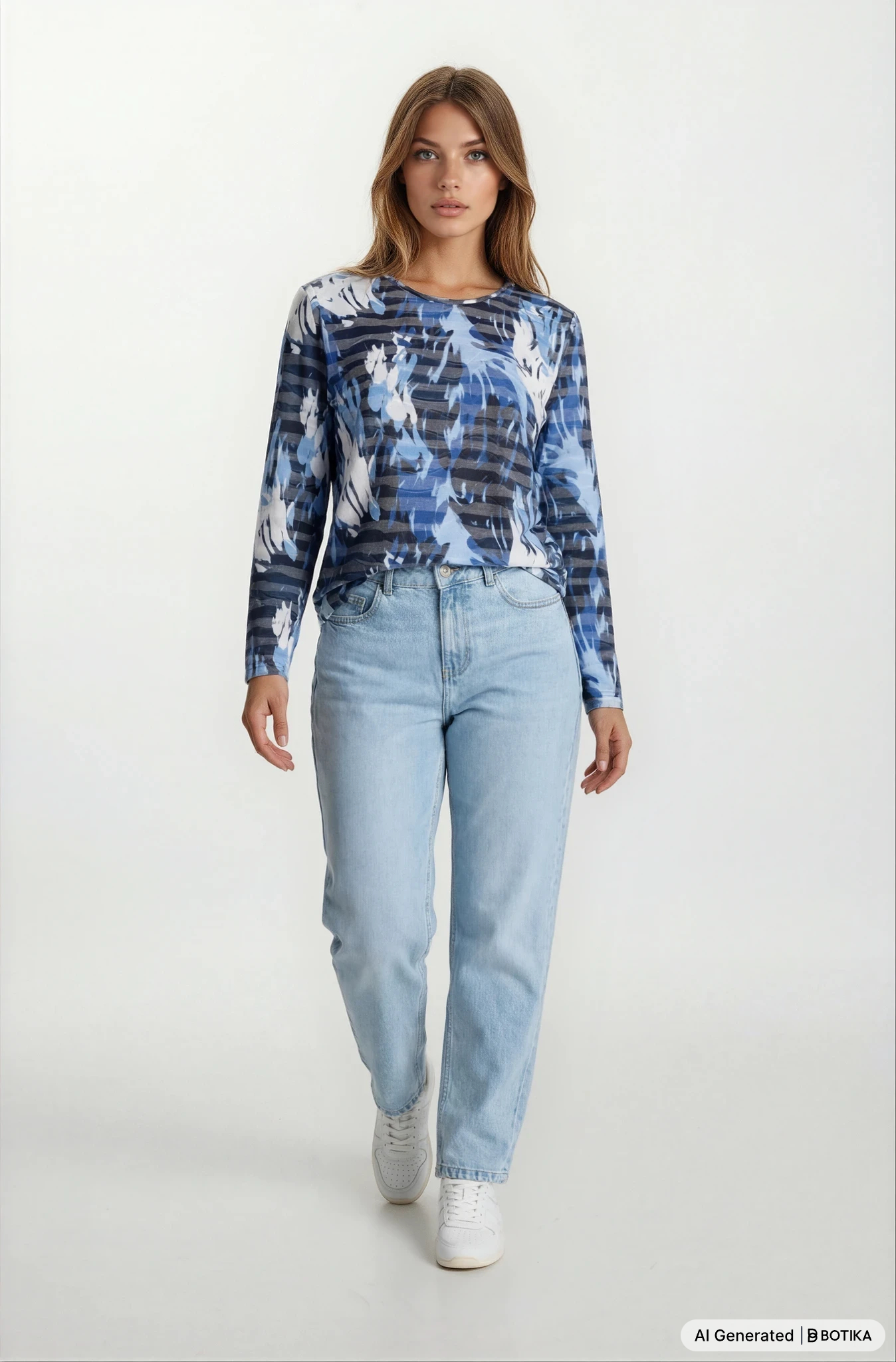 Blau-weißes tie-dye shirt wellenstruktur mit rundhalsausschnitt und langarm, vielseitig kombinierbar von hajo mode