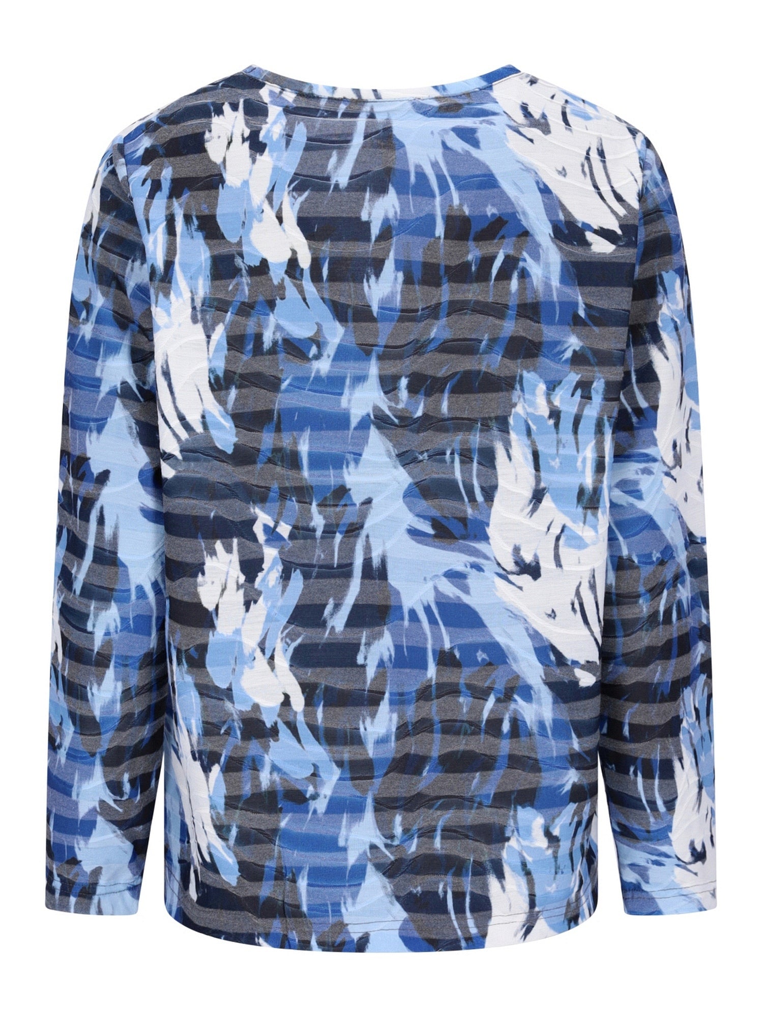 Blau-weiß gestreiftes Langarmhemd mit abstraktem Blumenmuster.