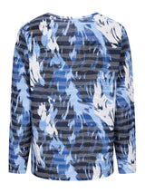 Blau-weiß gestreiftes Langarmhemd mit abstraktem Blumenmuster.