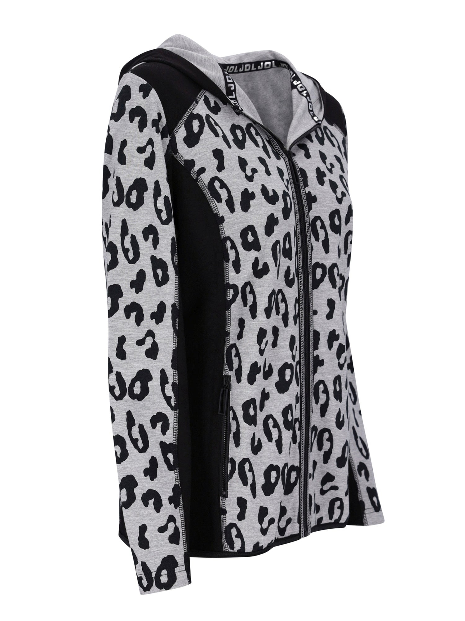 Leopardenmuster-Zip-Hoodie mit schwarzen Akzenten und Kapuze.