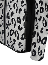 Leopardenmuster-Reißverschlussjacke mit schwarz-weißem Muster, Polyester-Material.