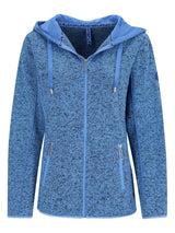 Blauer, gesprenkelter Kapuzenpulli mit Reißverschluss, Kapuze und Kordeln, wahrscheinlich aus Fleece-Material gefertigt.