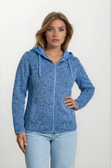Blaue gesprenkelte Strickfleece Jacke mit Kapuze, Reißverschluss, Kordelzügen und Seitentaschen