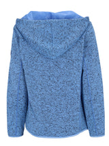 Blauer gesprenkelter Hoodie mit Kapuze und langen Ärmeln.