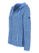 Blauer gesprenkelter Kapuzenpulli mit Reißverschluss, Kapuze und Taschen-Details.