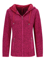 Magenta gesprenkelter Reißverschluss-Hoodie mit Kapuze und Kordelzügen, wahrscheinlich aus Fleece oder ähnlichem weichem Material gefertigt.