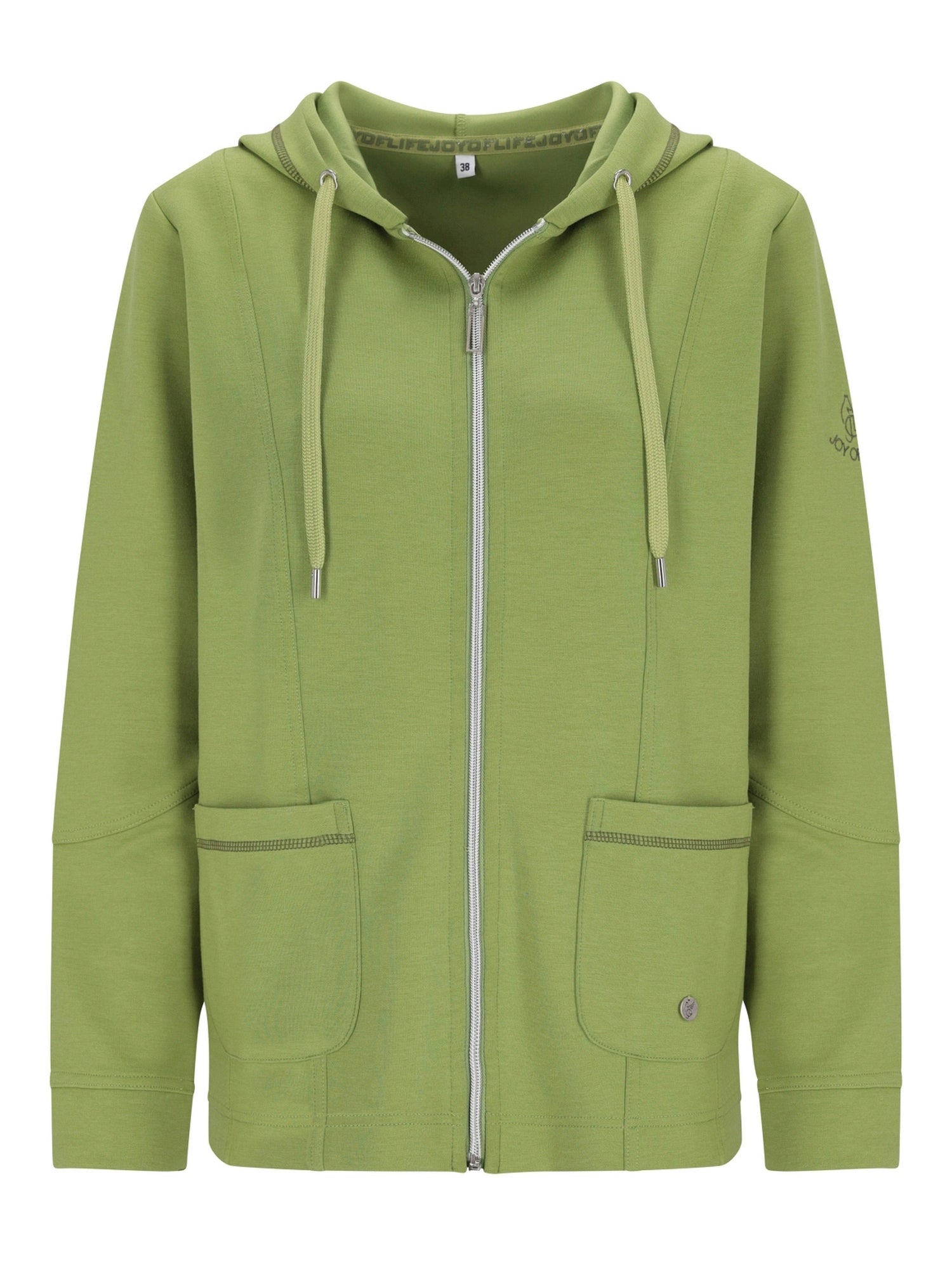 Olivgrüner Reißverschluss-Hoodie mit Kordelzugkapuze und Vordertaschen.