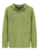 Olivgrüner Reißverschluss-Hoodie mit Kordelzugkapuze und Vordertaschen.