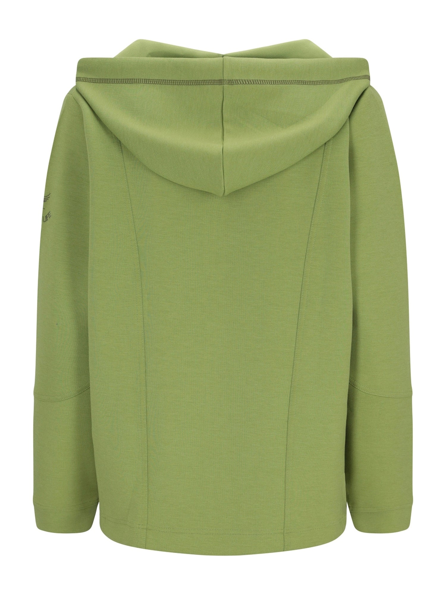 Olivgrüner Hoodie mit Kordelkapuze und Taschen.