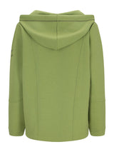 Olivgrüner Hoodie mit Kordelkapuze und Taschen.