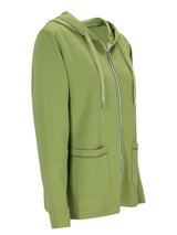 Olivgrüner Reißverschluss-Hoodie mit Kapuze und Taschen.