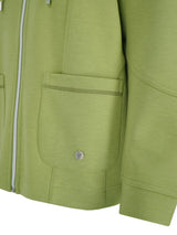 Olivgrüner Utility-Jacke mit Reißverschluss- und Knopfakzenten.