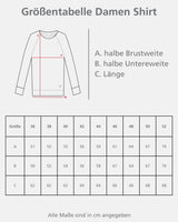 Größentabelle für Damenhemden mit Maßangaben.