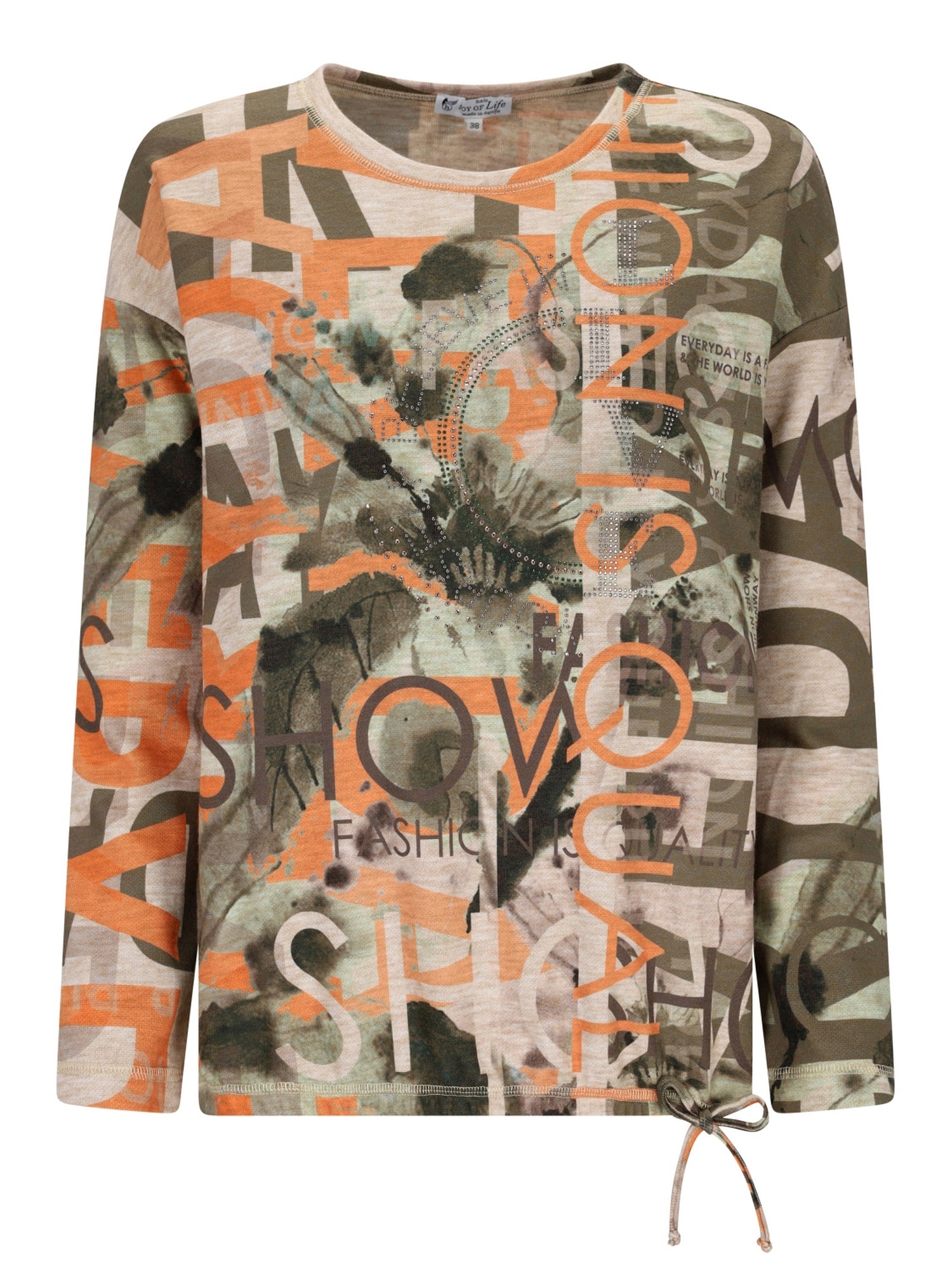 Olivgrünes Langarmhemd mit Blumen- und geometrischem Muster, mit Kordelbund.