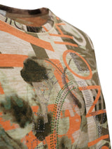 T-Shirt mit Tarnmuster in Orange- und Grüntönen, mit einem Paillettendesign auf der Vorderseite.