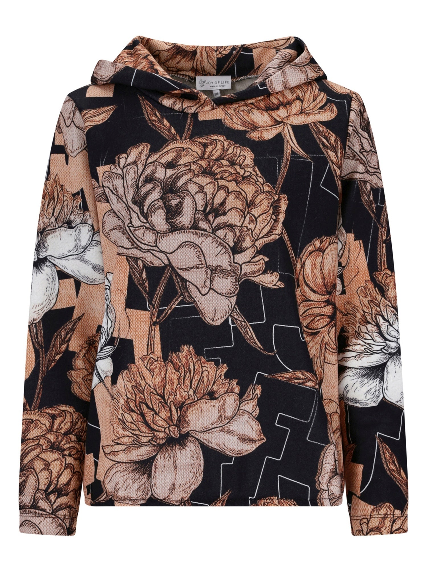 Schwarze Blusenhoodie mit Roségold- und weißen Akzenten, weiches Baumwollmischgewebe.