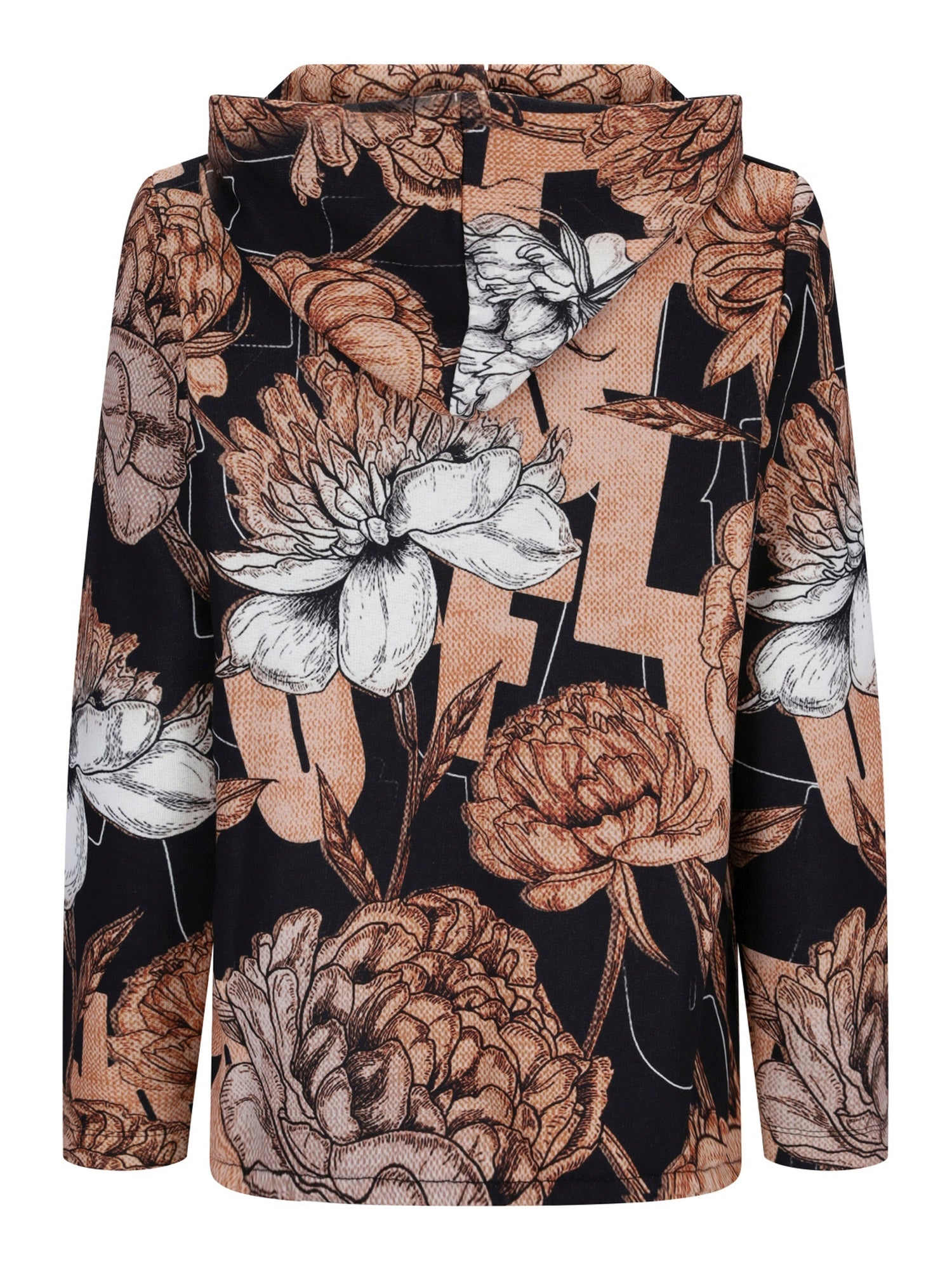 Schwarze Blumen-Hoodie mit roségoldener Beschriftung und weißen Blumen.