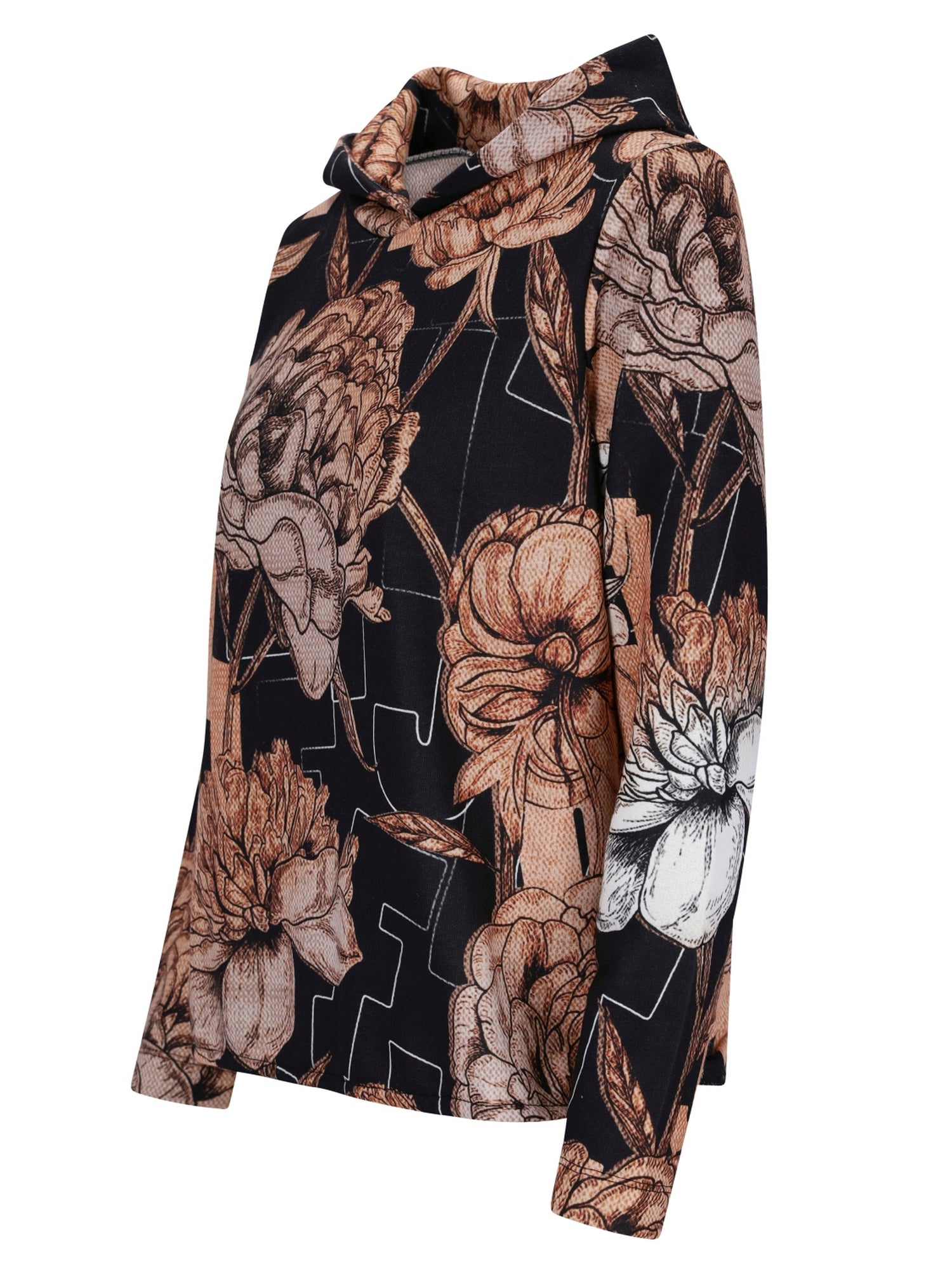 Blusentuch mit Blumenmuster auf schwarzem Hintergrund und braunen, pinken, weißen Blumen.