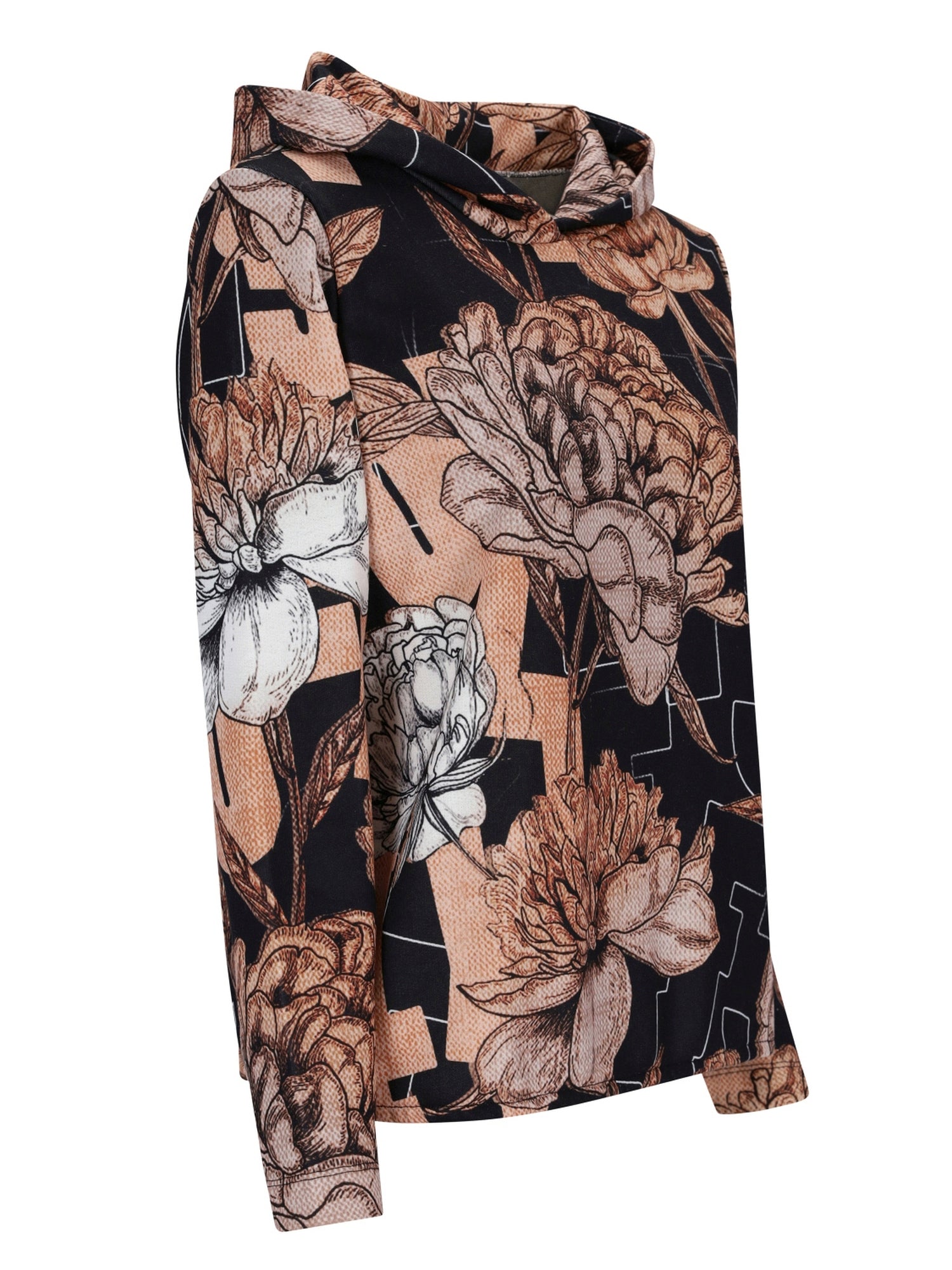 Blusensweatshirt mit Blumenmuster, schwarzem Hintergrund und beigen, braunen, weißen Blumen.