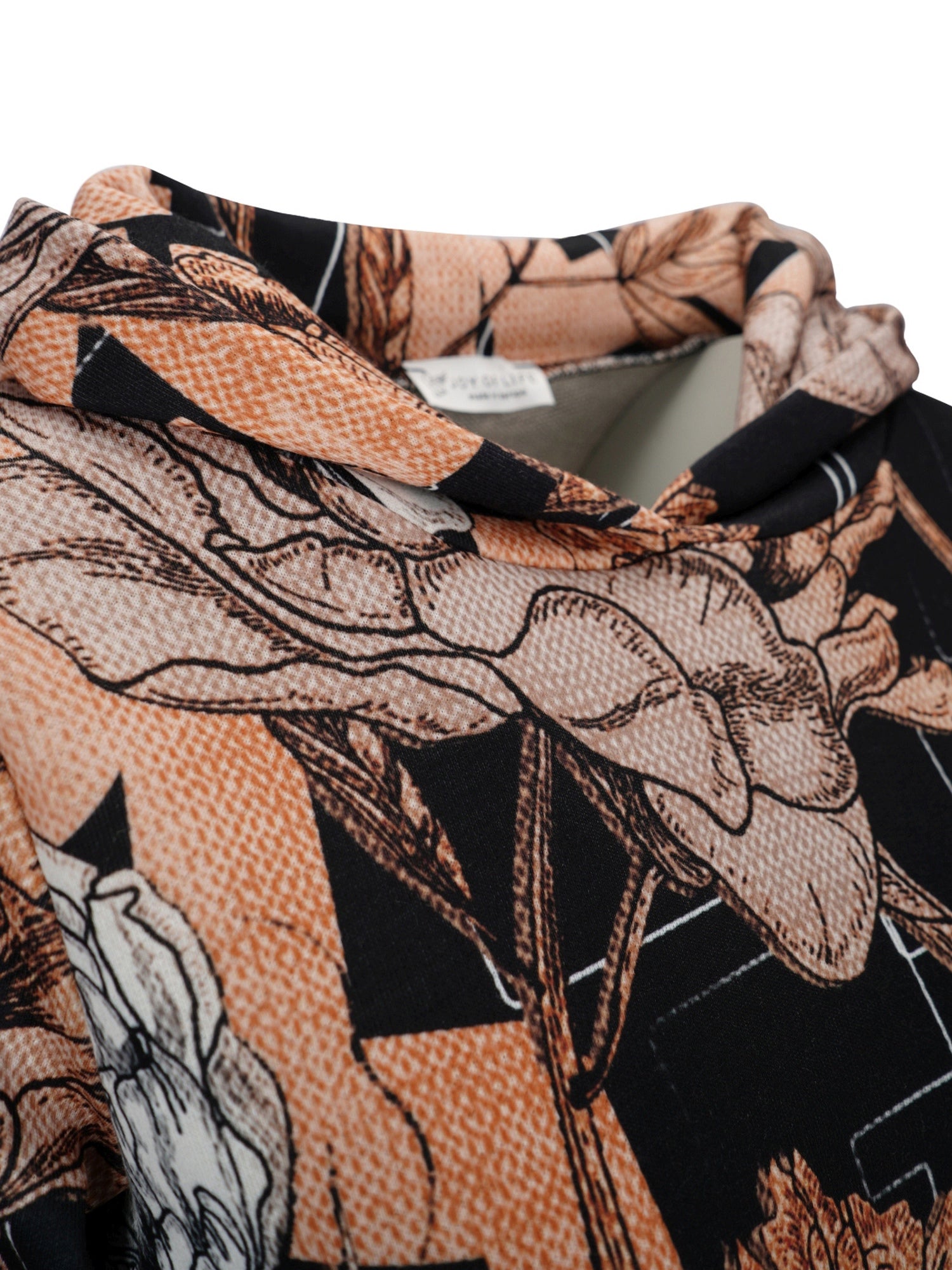 Schwarze Bluse mit Blumenmuster und braunen sowie weißen Akzenten, aus weichem Stoff gefertigt.