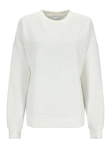 Weißer Crewneck-Pullover mit langen Ärmeln und gerippten Bündchen.