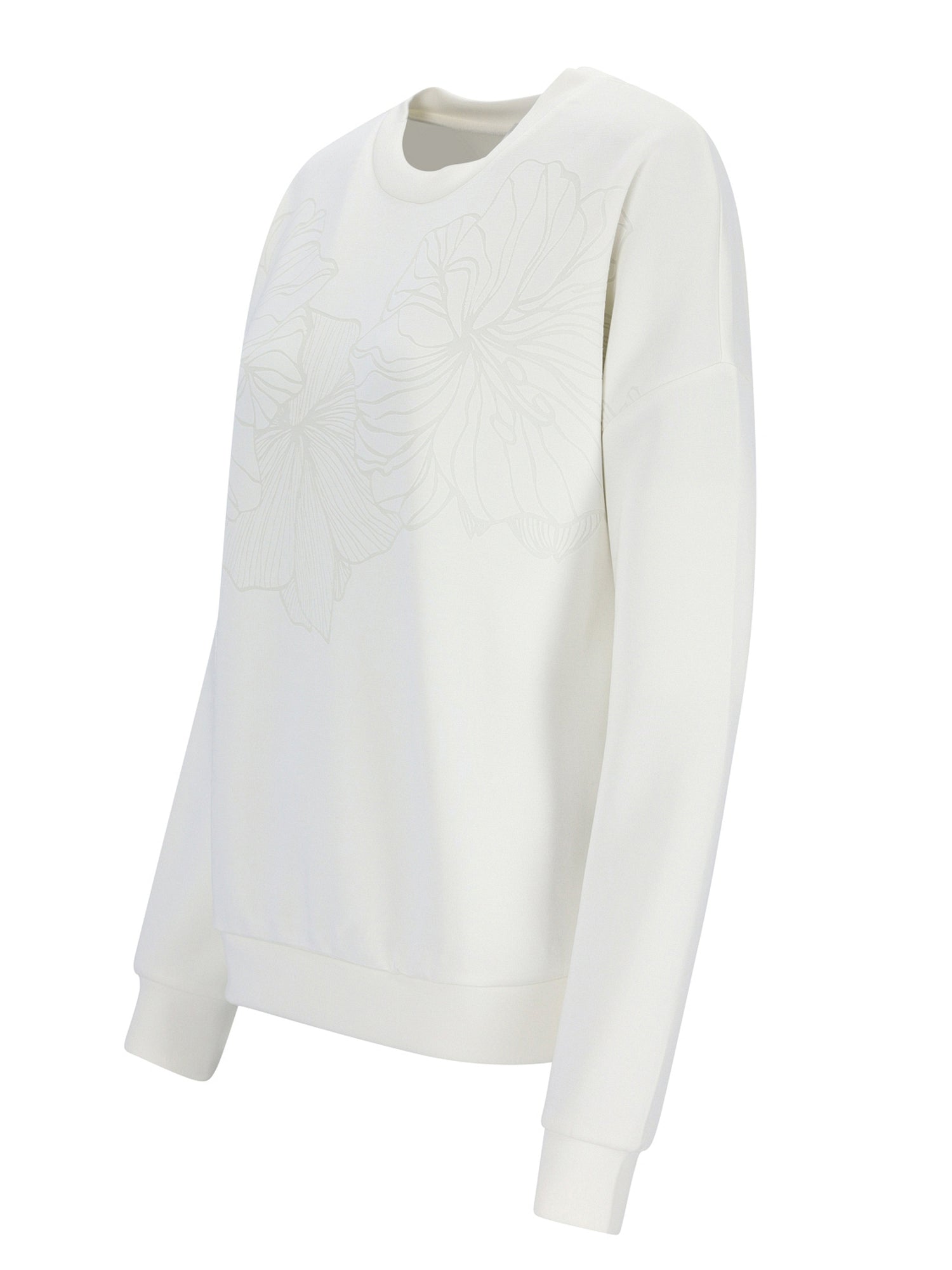 Weißer Crew-Neck-Pulli mit langen Ärmeln und gerippten Bündchen, wahrscheinlich aus Baumwolle oder Polyester-Mischung.