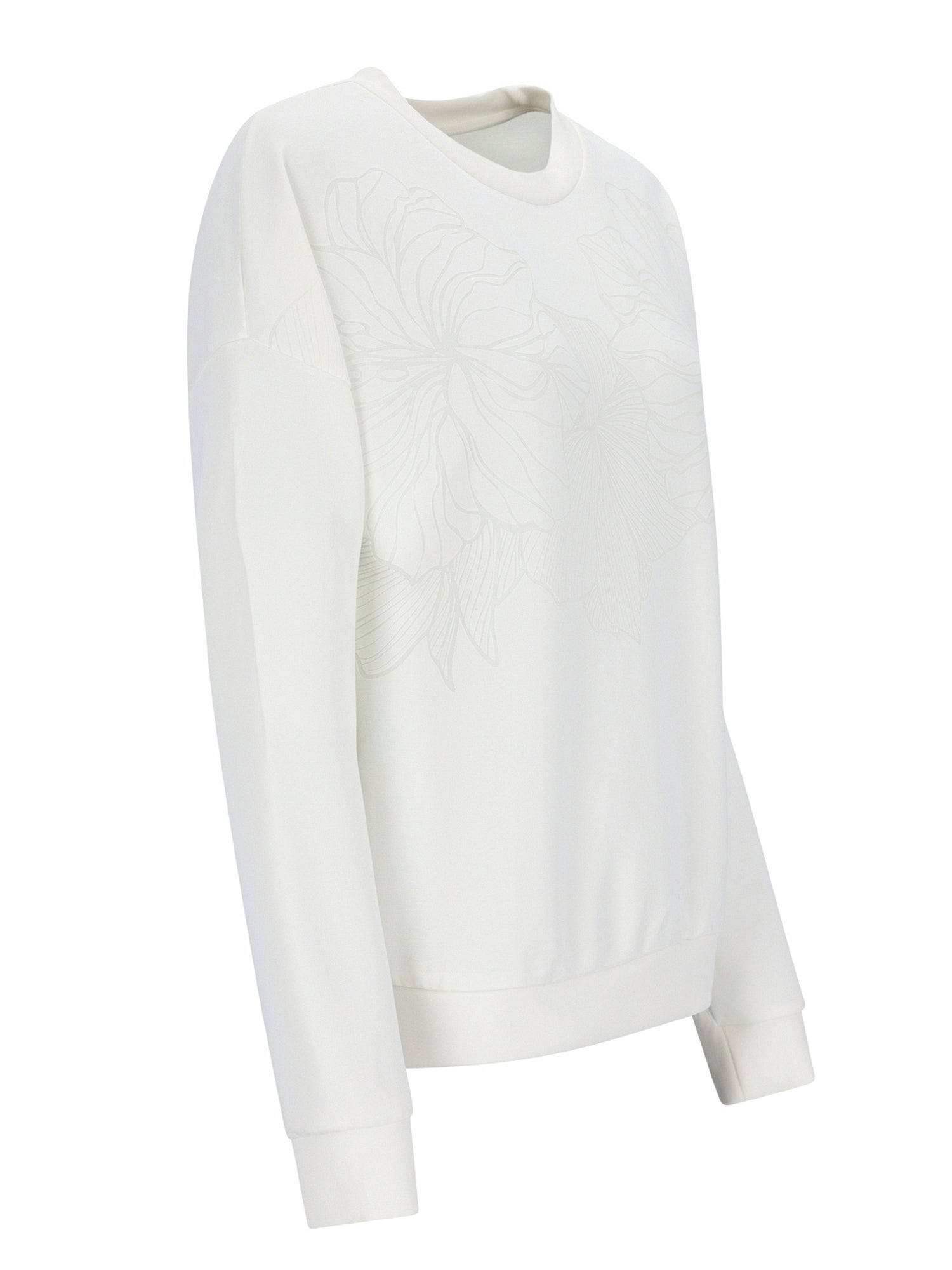 Weißer Crew-Neck-Pullover mit langen Ärmeln und gerippten Manschetten, wahrscheinlich aus Baumwolle oder einem ähnlichen weichen Material gefertigt.