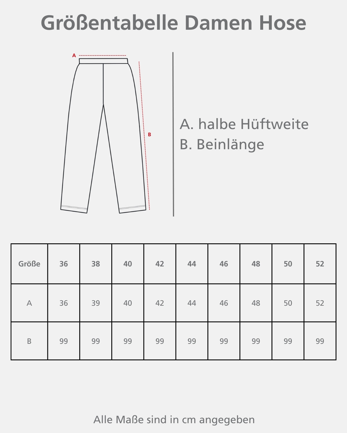 Eine Größentabelle für Damenhosen.