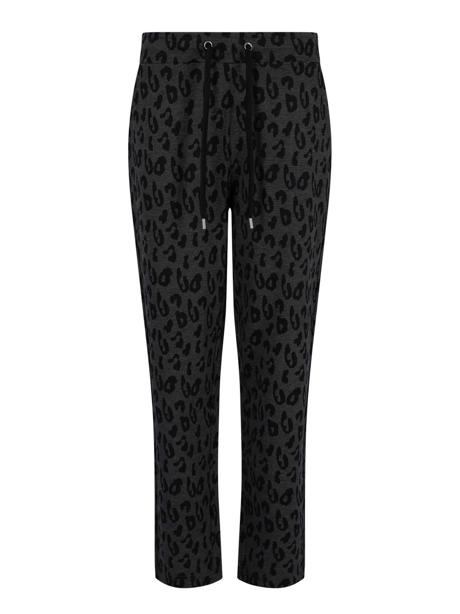 Schwarze Leopardmuster-Cropped-Hosen mit Kordelbund und Knopfleiste.