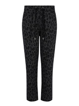 Schwarze Leopardmuster-Cropped-Hosen mit Kordelbund und Knopfleiste.