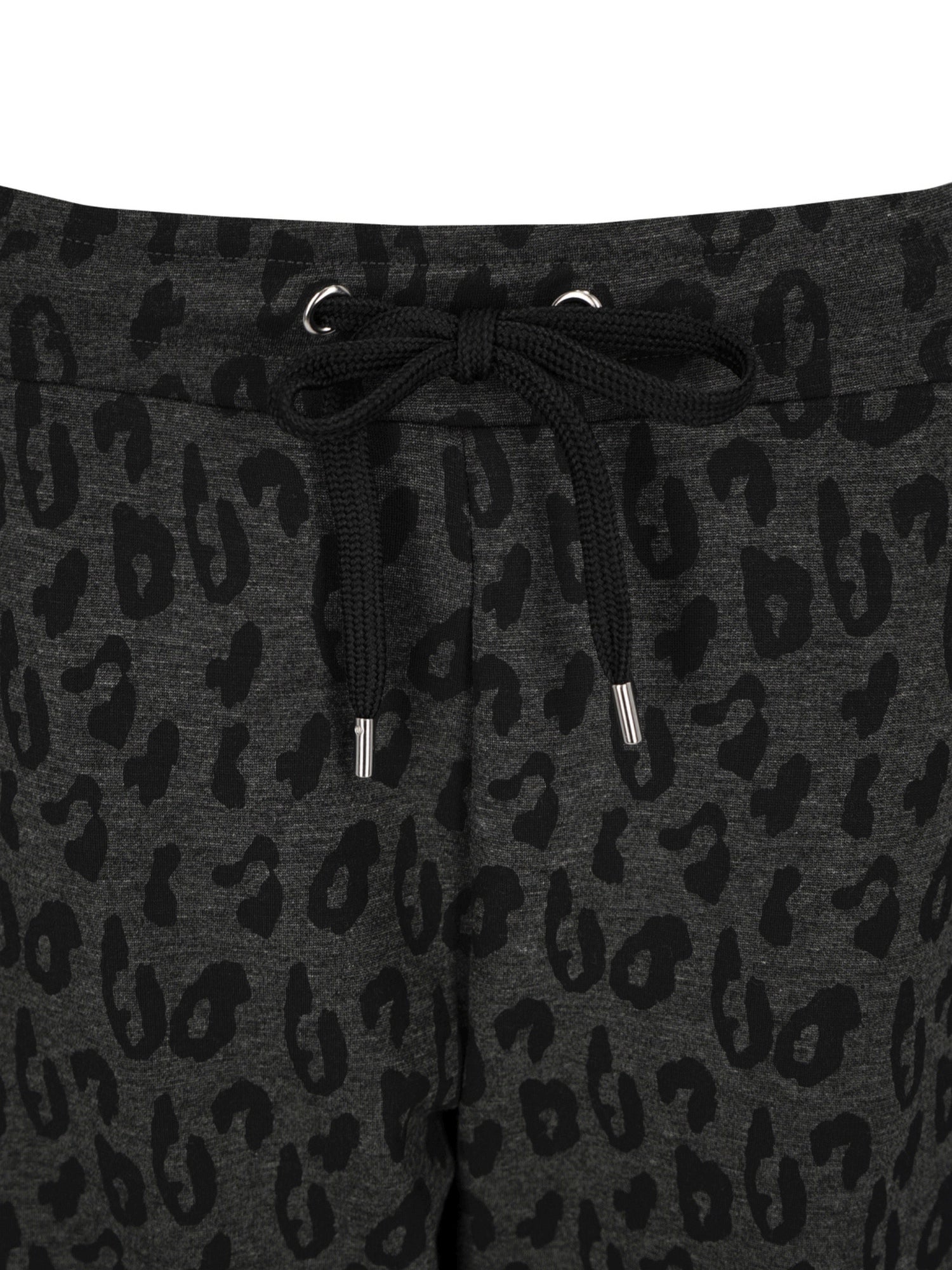 Leopardenmuster-Jogginghosen in dunklem Grau mit schwarzen Akzenten.
