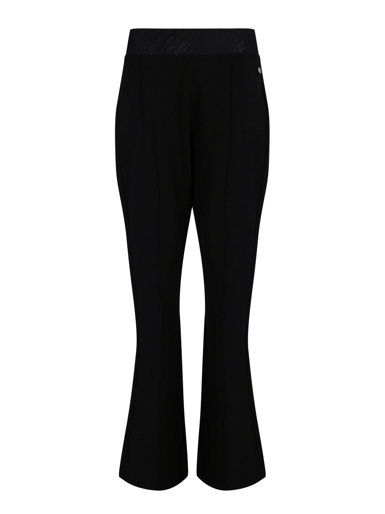 Schwarze ausgestellte Hosen mit subtiler Textur und elastischem Bund.