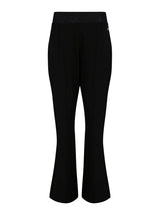 Schwarze ausgestellte Hosen mit subtiler Textur und elastischem Bund.