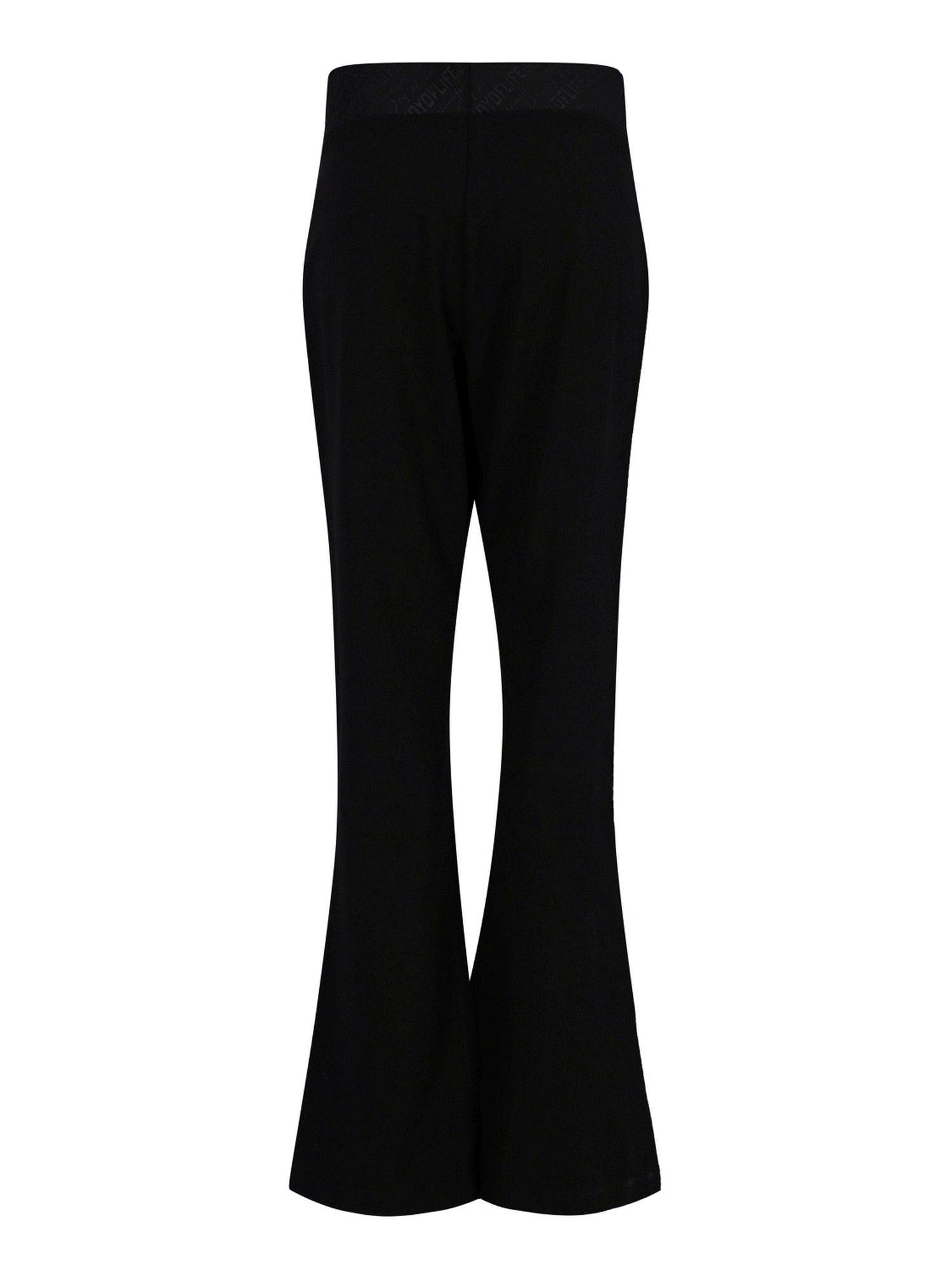 Schwarze Schlaghose mit hohem Bund und ausgestellten Beinen.