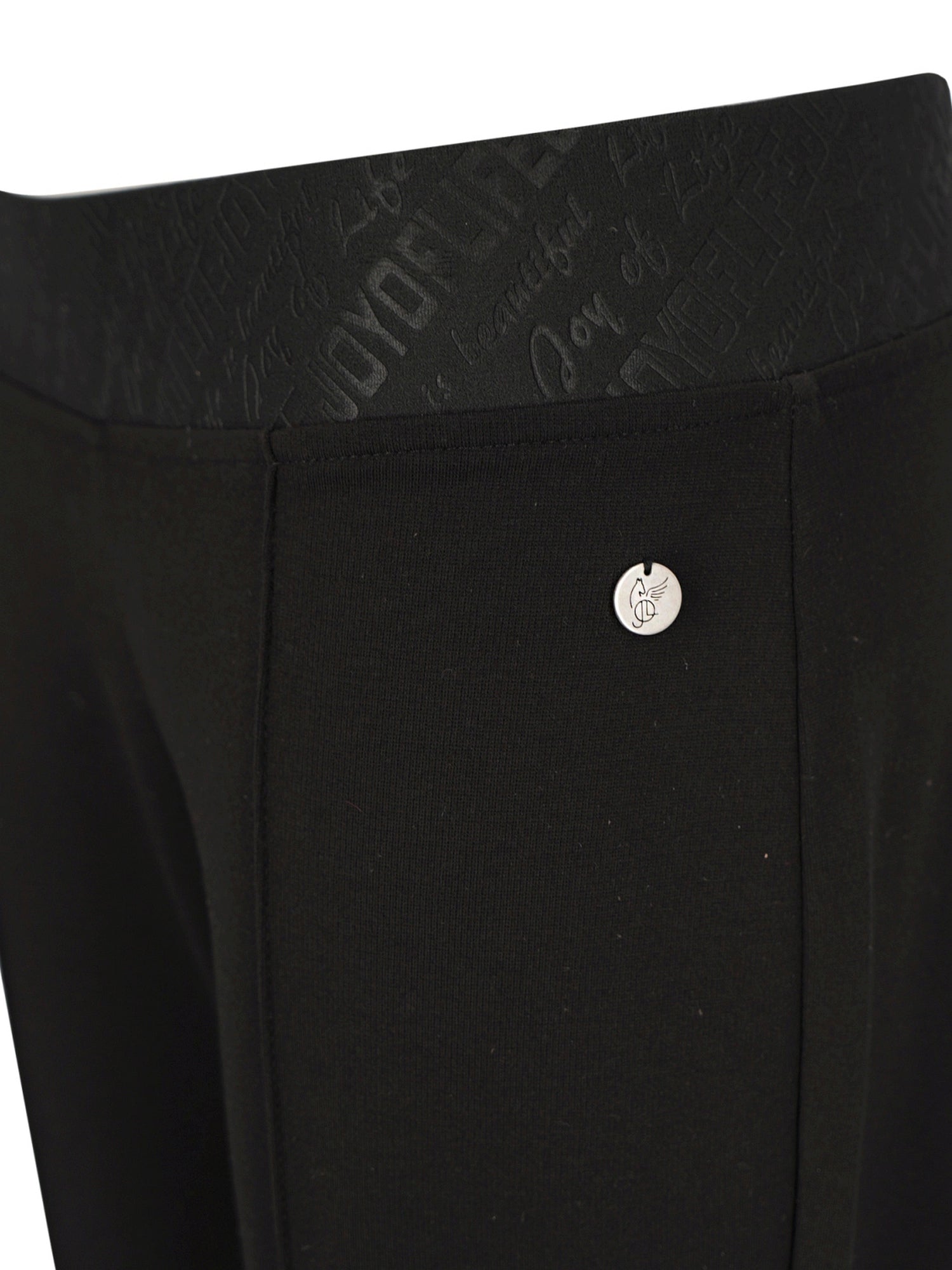 Schwarze maßgeschneiderte Anzughosen mit silberner Knopf- und Reißverschlussdetails.