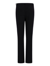 Schwarze gerade geschnittene Hosen mit hohem Bund und Reißverschluss vorne, wahrscheinlich aus dehnbaren Stoff gefertigt.