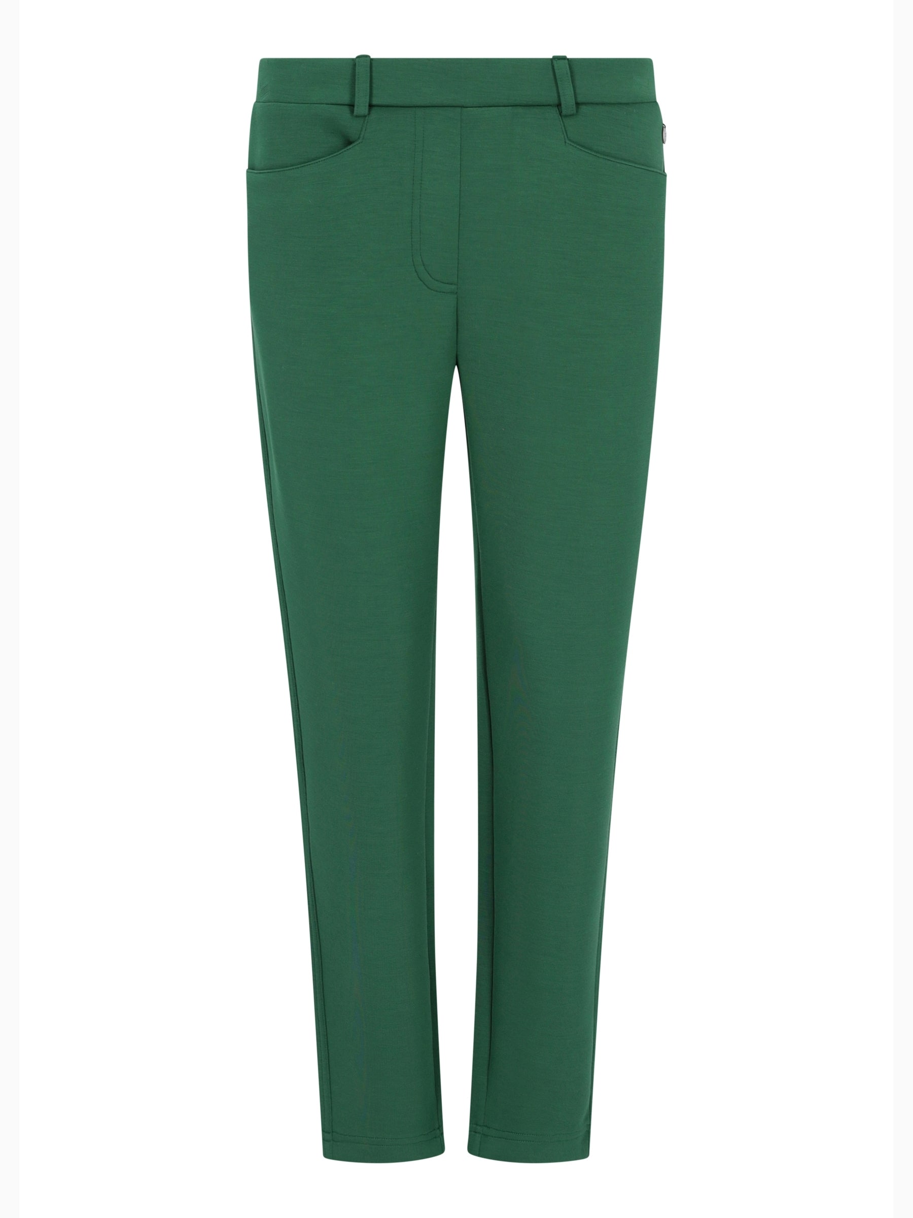 Dunkelgrüne slim-fit hose scuba aus glattem stoff mit klassischen gürtelschlaufen von hajo mode