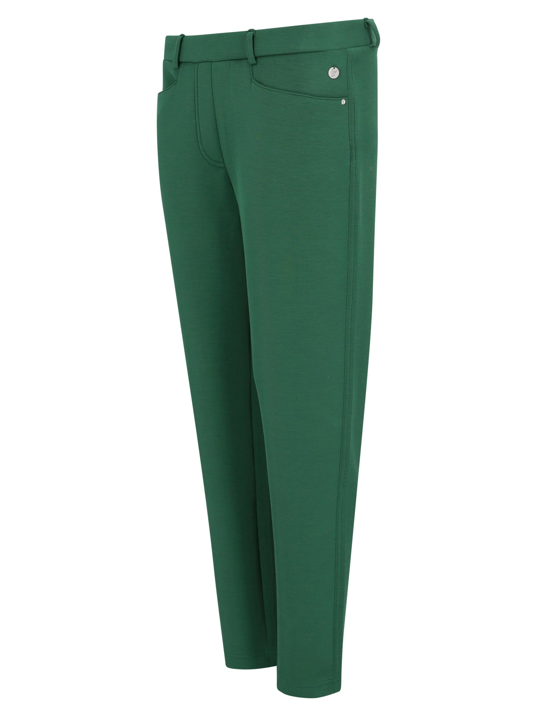 Dunkelgrüne hose scuba mit schmaler passform und subtilem metallknopf an der vordertasche von hajo mode