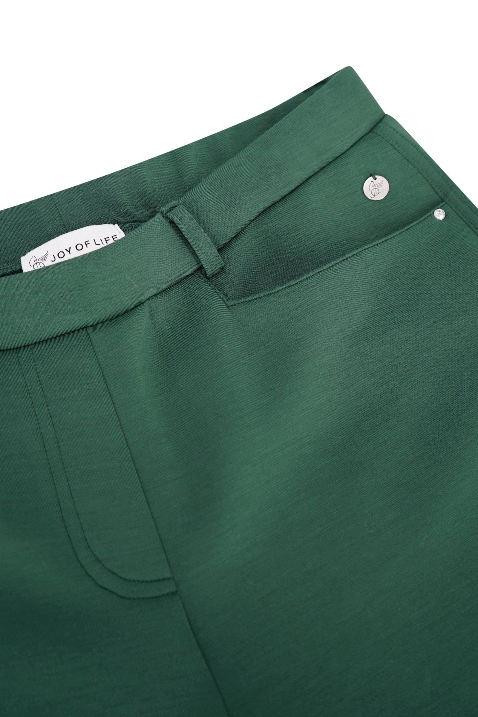 Dunkelgrüne hose scuba aus scuba material mit schlankem taillenbund und metallischen knopfdetails von hajo mode