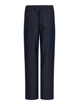 Marineblaue elastische Bundhose mit Taschen und geradem Bein.