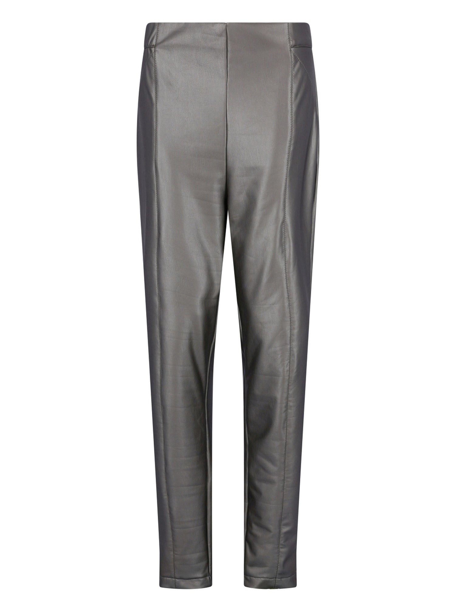 Metallisch-silberne High-Waist-Leggings mit einem glatten, glänzenden Finish.