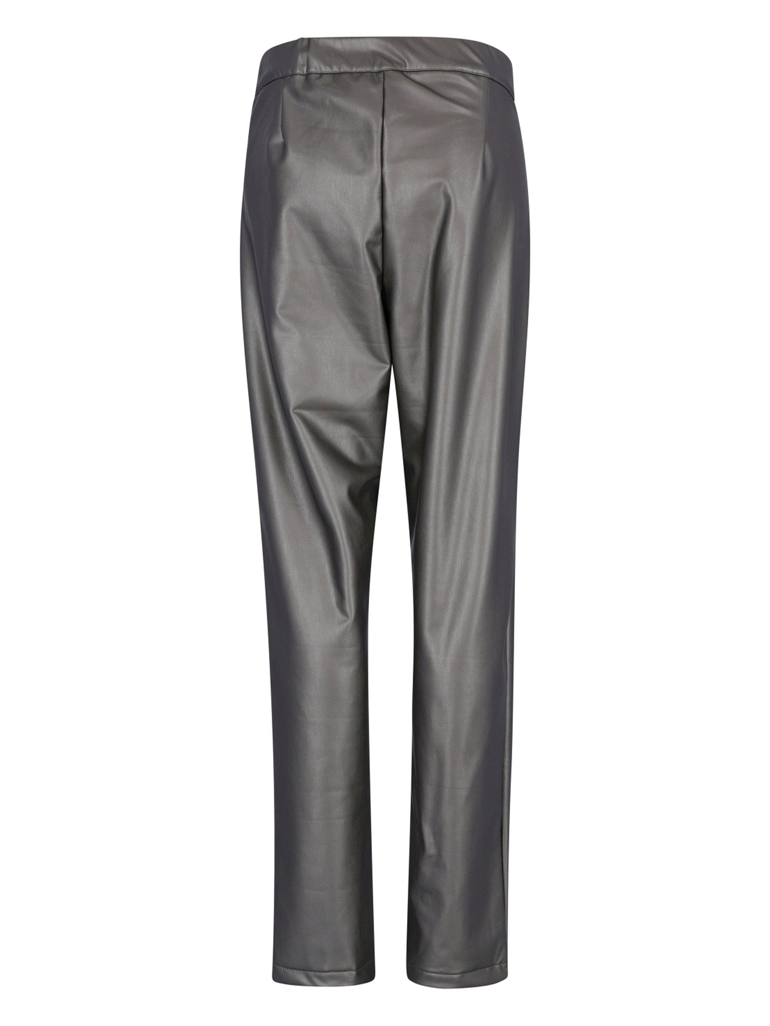 Metallisch-silberne hochgeschnittene Hosen mit einem glatten, glänzenden Finish.