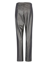 Metallisch-silberne hochgeschnittene Hosen mit einem glatten, glänzenden Finish.