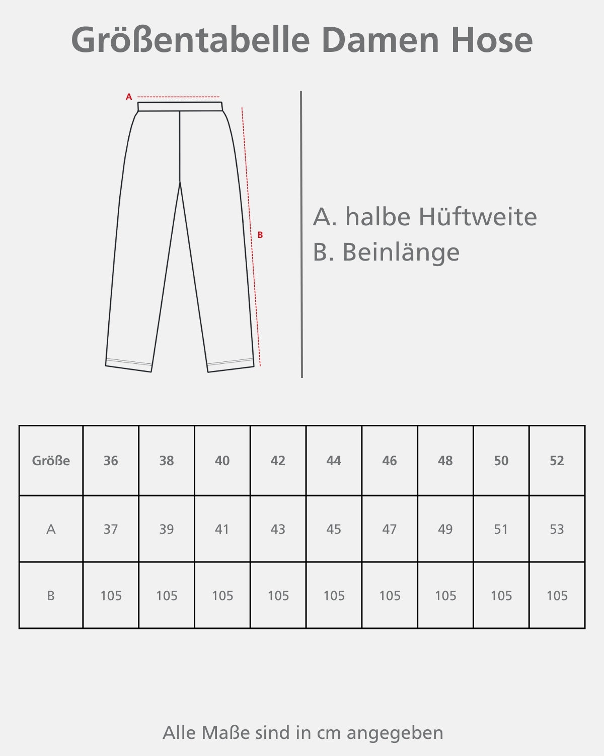 Eine Größentabelle für Damenhosen.